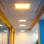 A photograph of capture a photograph of a well-lit commercial space featuring 2x4 troffer led lights installed in the ceiling