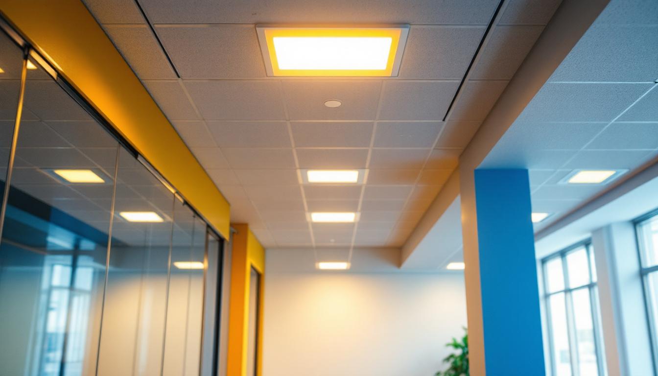 A photograph of capture a photograph of a well-lit commercial space featuring 2x4 troffer led lights installed in the ceiling