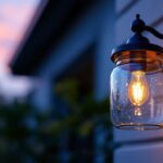 A photograph of a beautifully designed jelly jar exterior light fixture illuminated at dusk