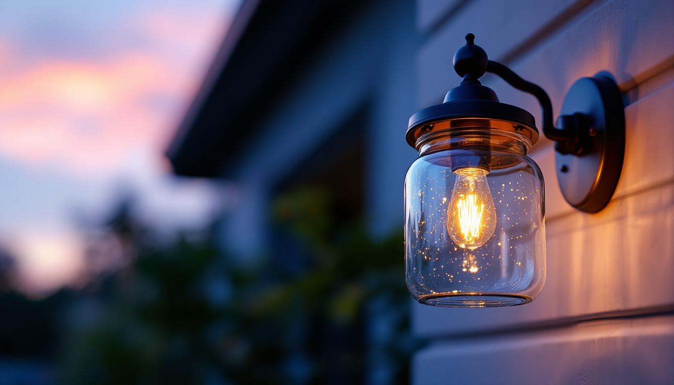 A photograph of a beautifully designed jelly jar exterior light fixture illuminated at dusk