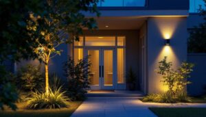 A photograph of a beautifully illuminated exterior space featuring motion sensor light fixtures in action