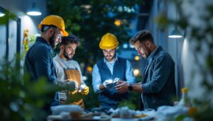 A photograph of a diverse team of professionals engaged in a hands-on training session