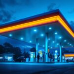 A photograph of a well-lit gas station canopy at dusk