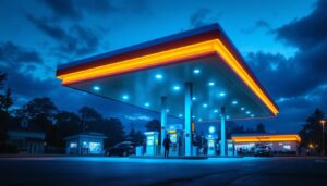 A photograph of a well-lit gas station canopy at dusk