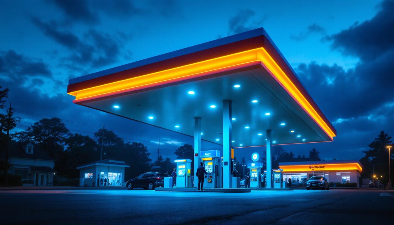A photograph of a well-lit gas station canopy at dusk