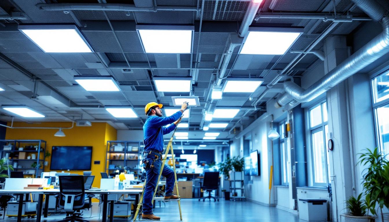 A photograph of a well-lit commercial space featuring 2x4 led fixtures installed in the ceiling