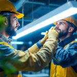 A photograph of a lighting contractor installing or inspecting an industrial fluorescent lamp in a modern workspace