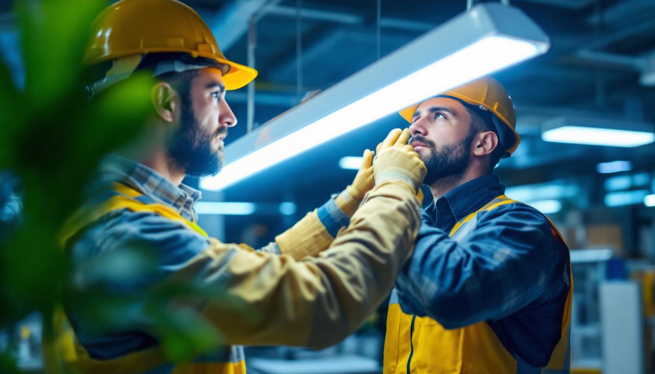 A photograph of a lighting contractor installing or inspecting an industrial fluorescent lamp in a modern workspace
