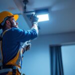 A photograph of a lighting contractor installing a troffer retrofit kit in a commercial space