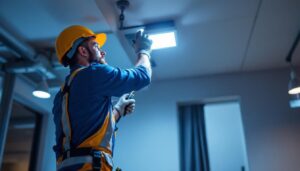 A photograph of a lighting contractor installing a troffer retrofit kit in a commercial space