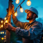 A photograph of a lighting contractor expertly installing 60 ft string lights in an outdoor setting