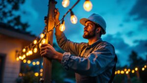 A photograph of a lighting contractor expertly installing 60 ft string lights in an outdoor setting