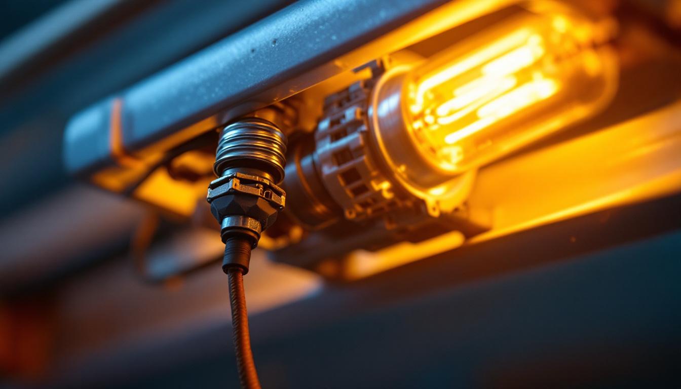 A photograph of a close-up of a mercury vapour ballast installed in a lighting fixture