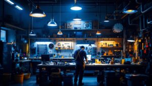 A photograph of a well-lit workshop environment showcasing various types of workshop lights in use
