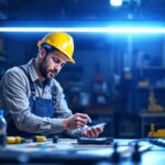 A photograph of a lighting contractor inspecting a 2 ft led fixture in a well-lit workspace