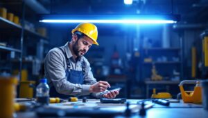 A photograph of a lighting contractor inspecting a 2 ft led fixture in a well-lit workspace