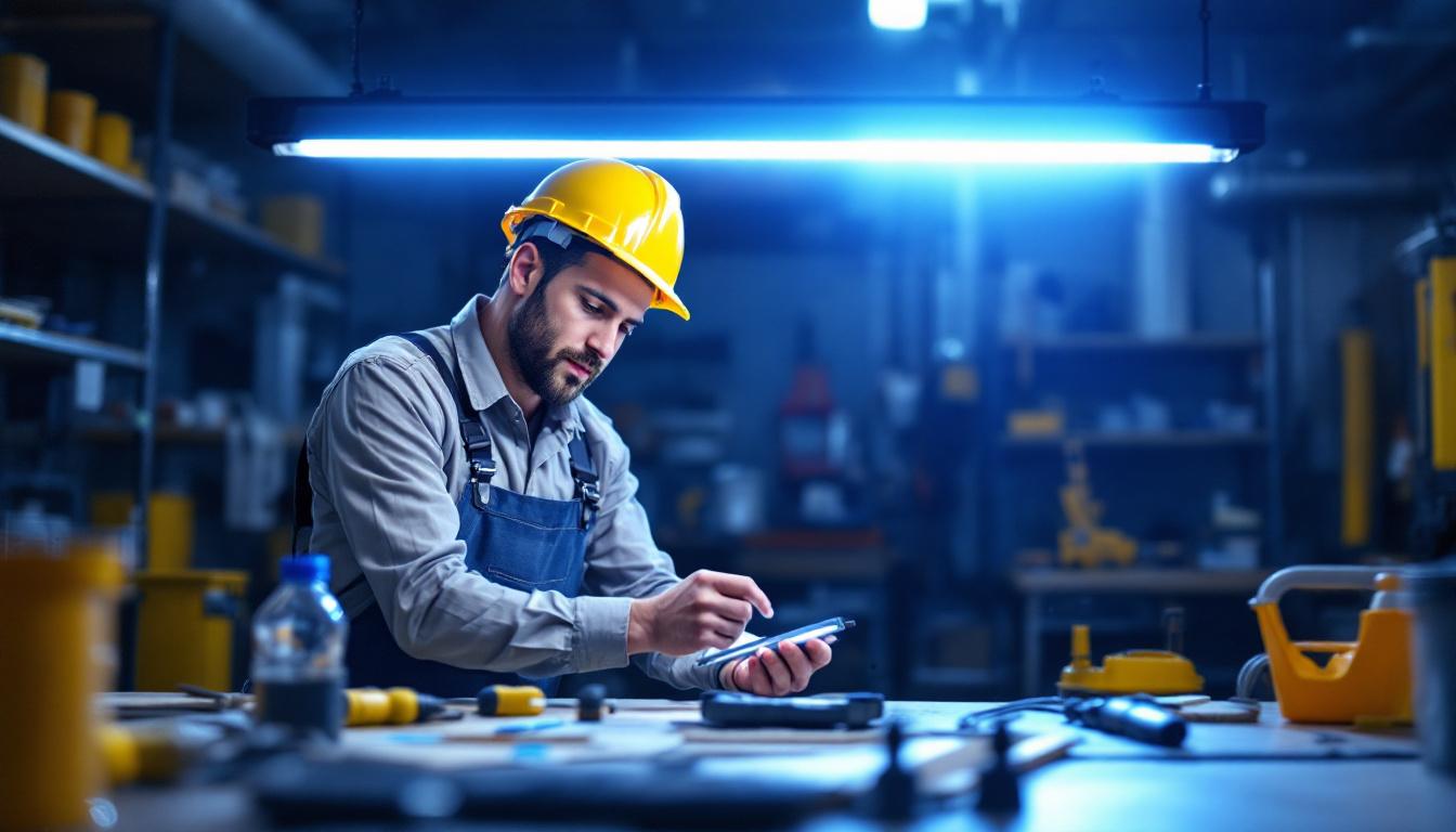 A photograph of a lighting contractor inspecting a 2 ft led fixture in a well-lit workspace