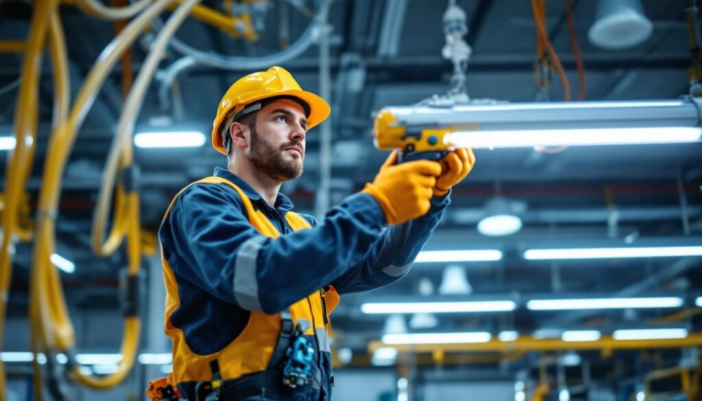 A photograph of a skilled lighting contractor expertly wiring fluorescent lights in a commercial setting