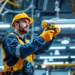 A photograph of a skilled lighting contractor expertly wiring fluorescent lights in a commercial setting