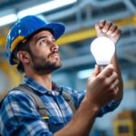 A photograph of a lighting contractor expertly replacing a traditional fluorescent bulb with an led bulb in a commercial setting
