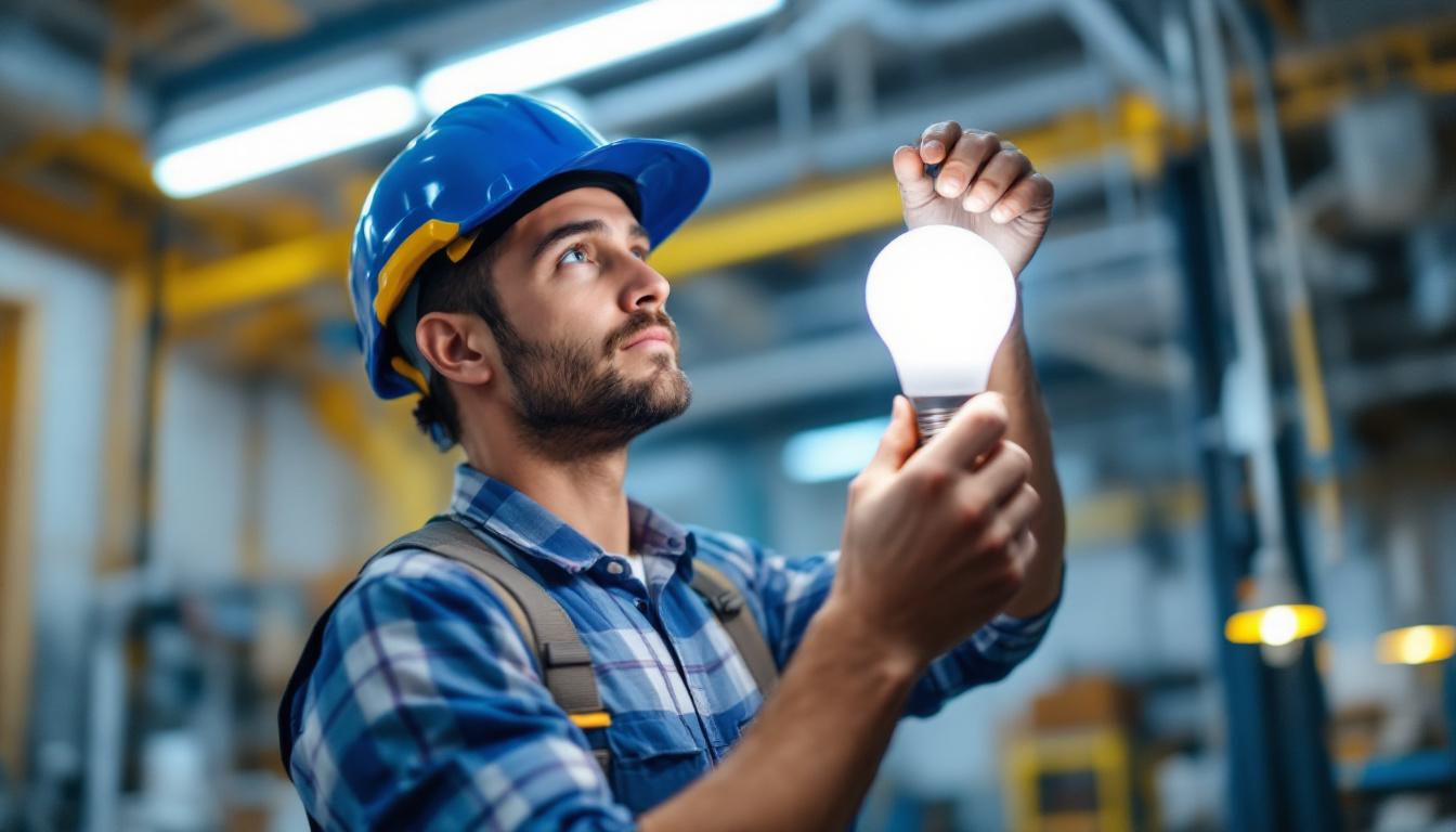 A photograph of a lighting contractor expertly replacing a traditional fluorescent bulb with an led bulb in a commercial setting