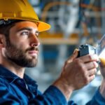 A photograph of a lighting contractor installing or examining a ballast within a lighting fixture