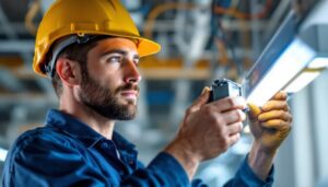 A photograph of a lighting contractor installing or examining a ballast within a lighting fixture