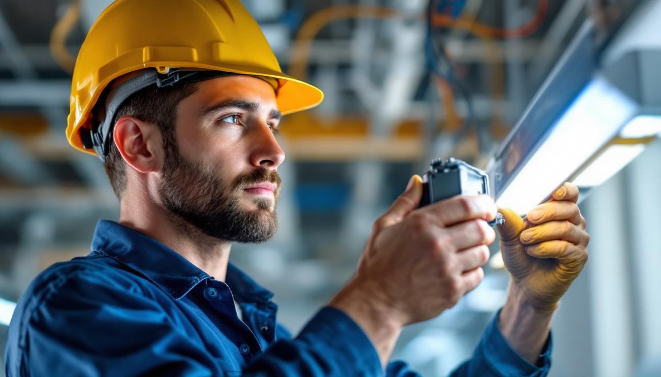 A photograph of a lighting contractor installing or examining a ballast within a lighting fixture