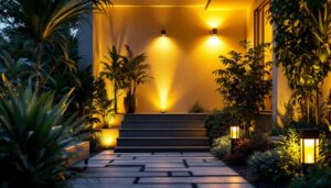 A photograph of a beautifully designed outdoor space illuminated by solar-powered up and down lights