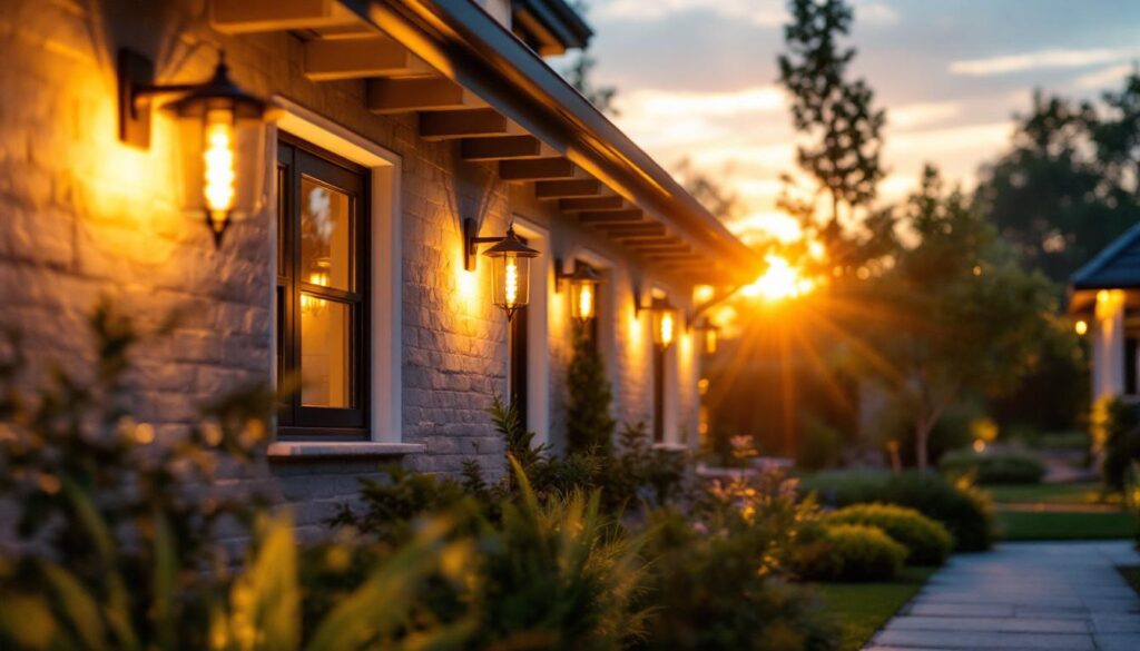 A photograph of a skilled lighting contractor installing innovative outdoor lighting fixtures in a beautifully landscaped yard during the golden hour