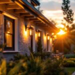 A photograph of a skilled lighting contractor installing innovative outdoor lighting fixtures in a beautifully landscaped yard during the golden hour