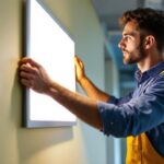 A photograph of a lighting contractor installing a sleek 2x4 led flat panel light in a modern office space