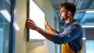 A photograph of a lighting contractor installing a sleek 2x4 led flat panel light in a modern office space