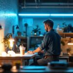 A photograph of capture a photograph of a well-lit workspace featuring a variety of 4-foot led fluorescent bulbs in different settings