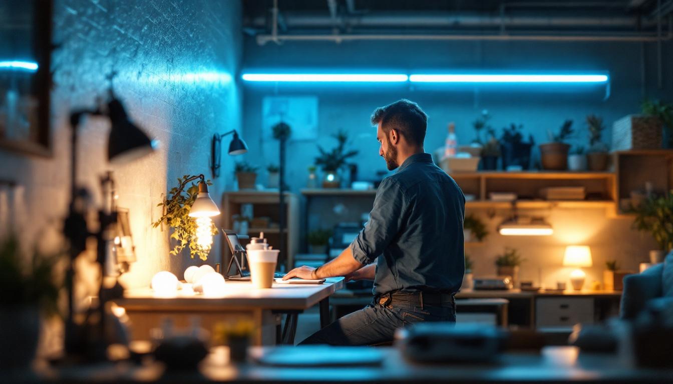A photograph of capture a photograph of a well-lit workspace featuring a variety of 4-foot led fluorescent bulbs in different settings