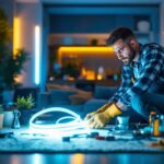 A photograph of a professional lighting contractor installing 4-foot led light strips in a modern home setting
