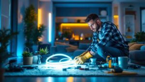 A photograph of a professional lighting contractor installing 4-foot led light strips in a modern home setting