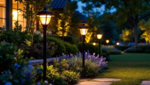 A photograph of a beautifully landscaped outdoor space illuminated by stylish solar post lights at dusk