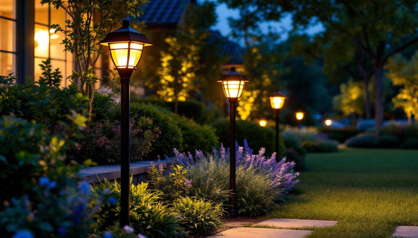 A photograph of a beautifully landscaped outdoor space illuminated by stylish solar post lights at dusk