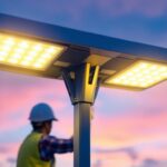 A photograph of a close-up of a modern led parking light installation at dusk