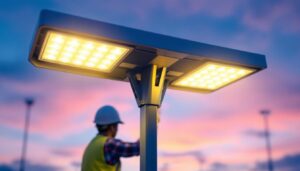 A photograph of a close-up of a modern led parking light installation at dusk