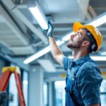 A photograph of a lighting contractor replacing a fluorescent light fixture with an led option