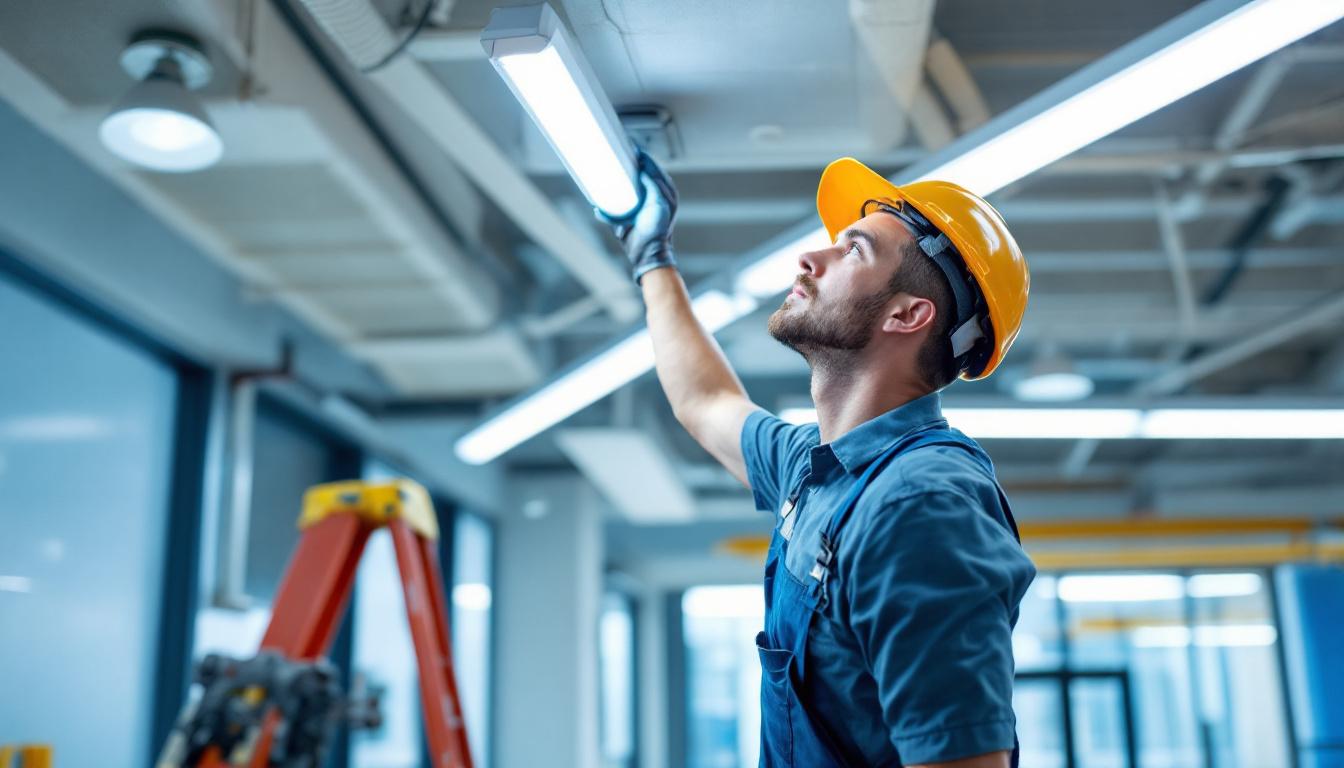 A photograph of a lighting contractor replacing a fluorescent light fixture with an led option