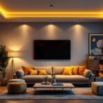 A photograph of a stylish living room featuring low ceiling lights that enhance the space's ambiance