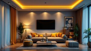 A photograph of a stylish living room featuring low ceiling lights that enhance the space's ambiance
