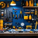 A photograph of a well-organized workspace featuring a variety of essential lighting tools and equipment used by contractors