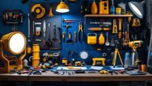 A photograph of a well-organized workspace featuring a variety of essential lighting tools and equipment used by contractors