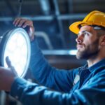 A photograph of a lighting contractor installing or adjusting a 250w metal halide led equivalent fixture in a commercial or industrial setting