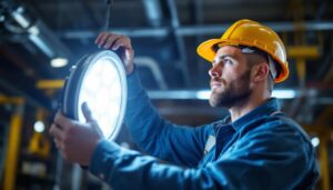 A photograph of a lighting contractor installing or adjusting a 250w metal halide led equivalent fixture in a commercial or industrial setting