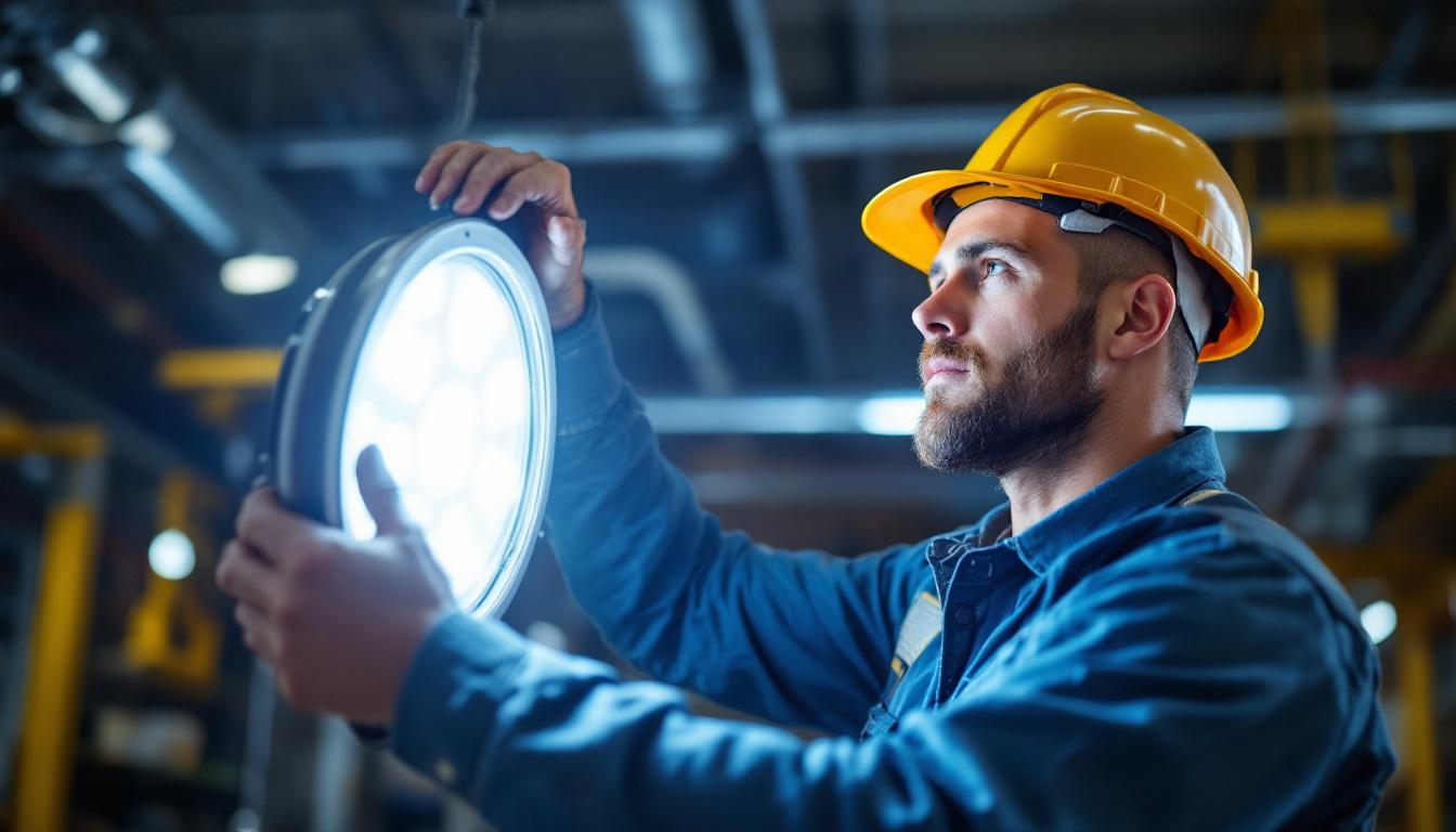 A photograph of a lighting contractor installing or adjusting a 250w metal halide led equivalent fixture in a commercial or industrial setting